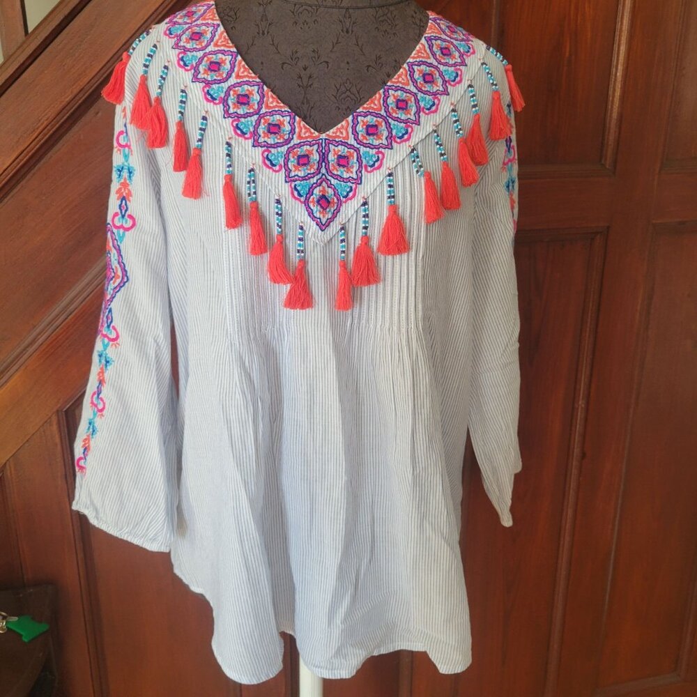 Chicos Embroidered Tunic Top W/ Tassels & Beading - Size 2 Large